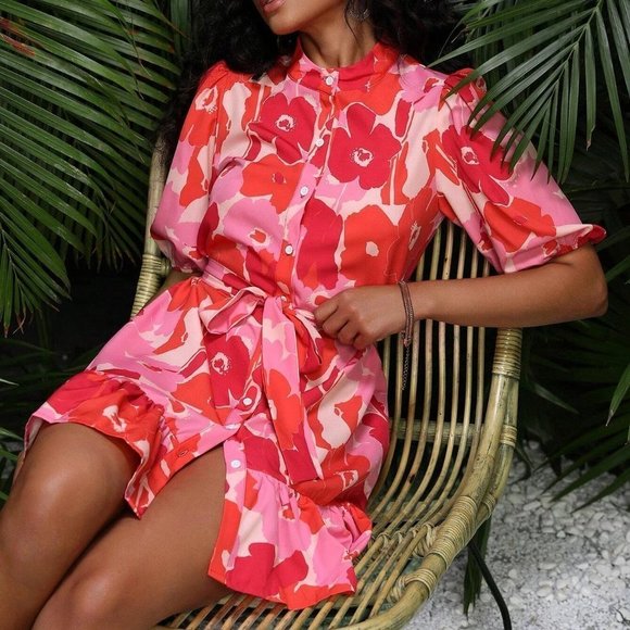 Pink Boho Womens Floral Print Puff Sleeve Ruffle Hem Belted Shirt Dress - Picture 4 of 5